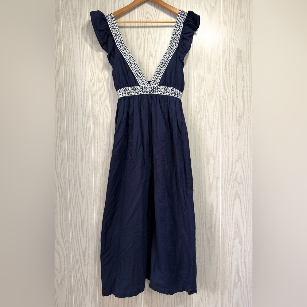 J.Crew Ruffle Deep V Neck Navy Linen Blend Maxi Dress Size Small - Picture 7 of 7